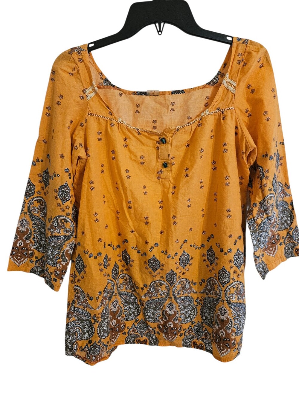 PQ Anthropologie Boho Paisley Peasant Top Tunic Mustard Sz M/L